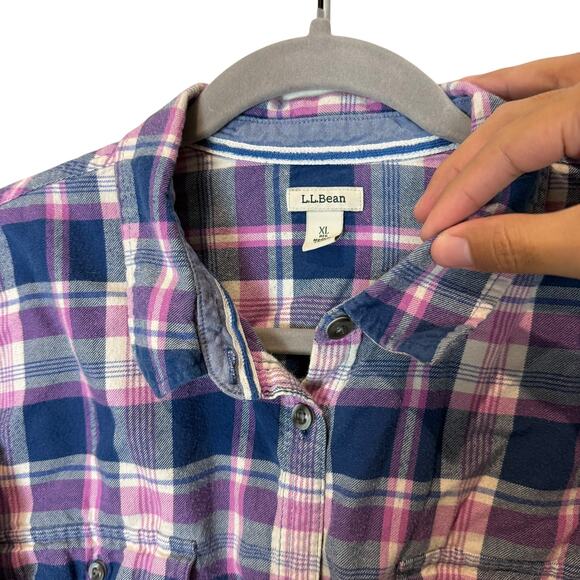 L.L. Bean Flannel Shirt Women XL Blue Pink Scotch Plaid Relaxed Casual Button-Up - Picture 6 of 11